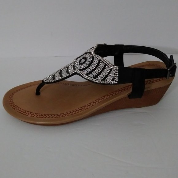 Melly Black T-Strap Sandals Platform Low Wedge Size 7 - Picture 2 of 12